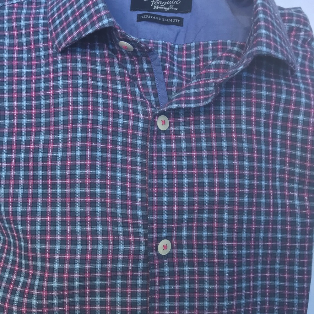 Penguin men’s L/S casual dress shirt, checkered print sized Large Slim Fit